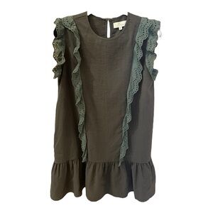 Pinch Mini Dress, Size M, Dk. Gray, Eyelet Ruffles, & Ruffled Hem.